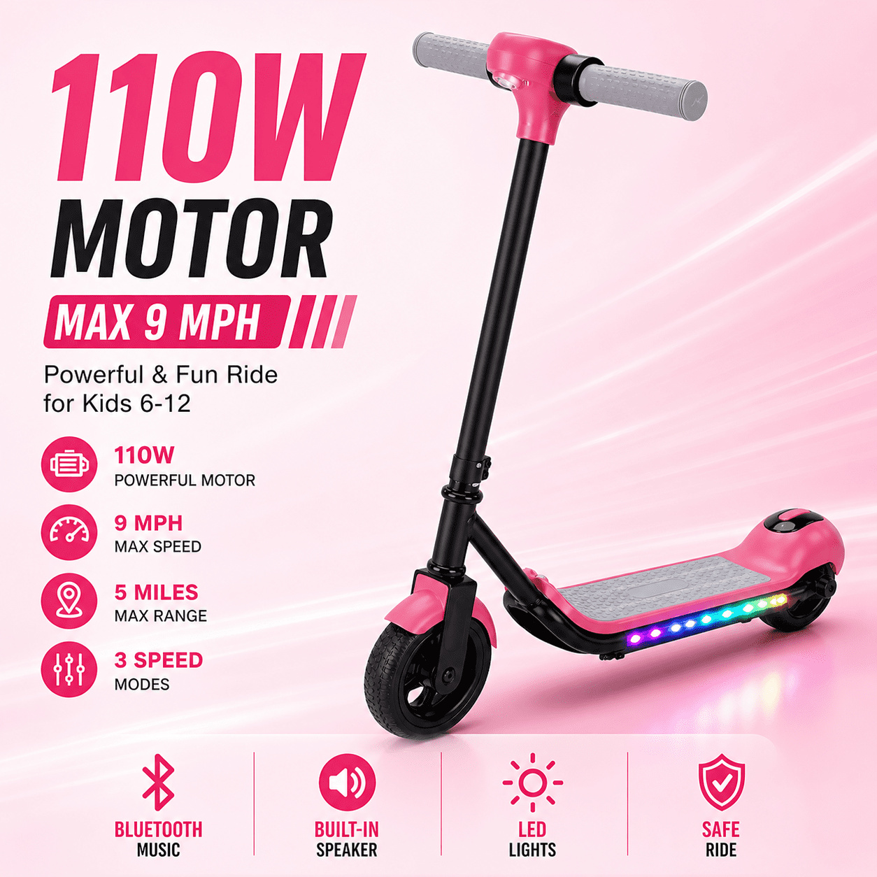 SMATEIGHT 110W Kids Electric Scooter with Rainbow LED Lights — Pink